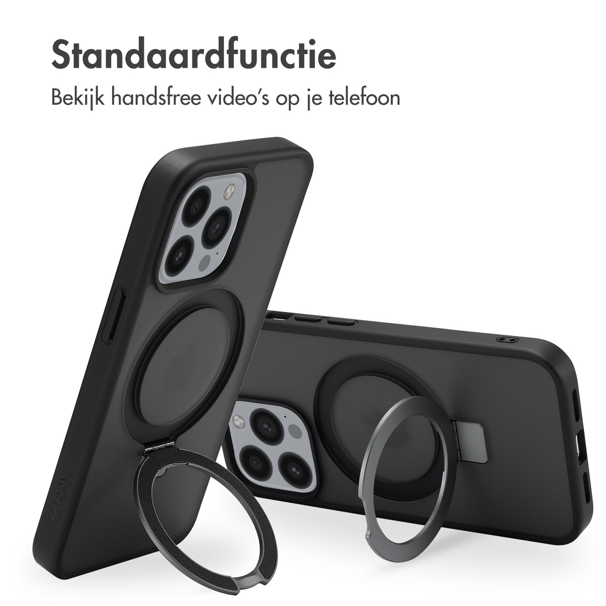 Twee zwarte telefoonhoesjes met een ringstandaard. Tekst beschrijft de functie, het vasthouden van een telefoon.