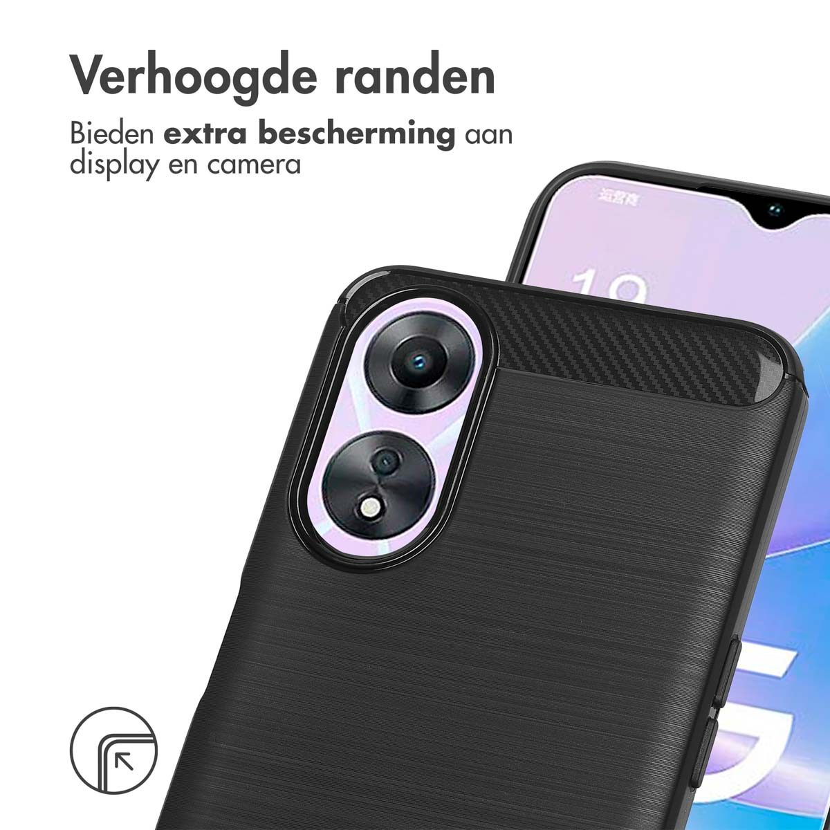 Nahaufnahme einer schwarzen Handyhülle, die die Kamera hervorhebt. Im Hintergrund ist ein Telefon.
