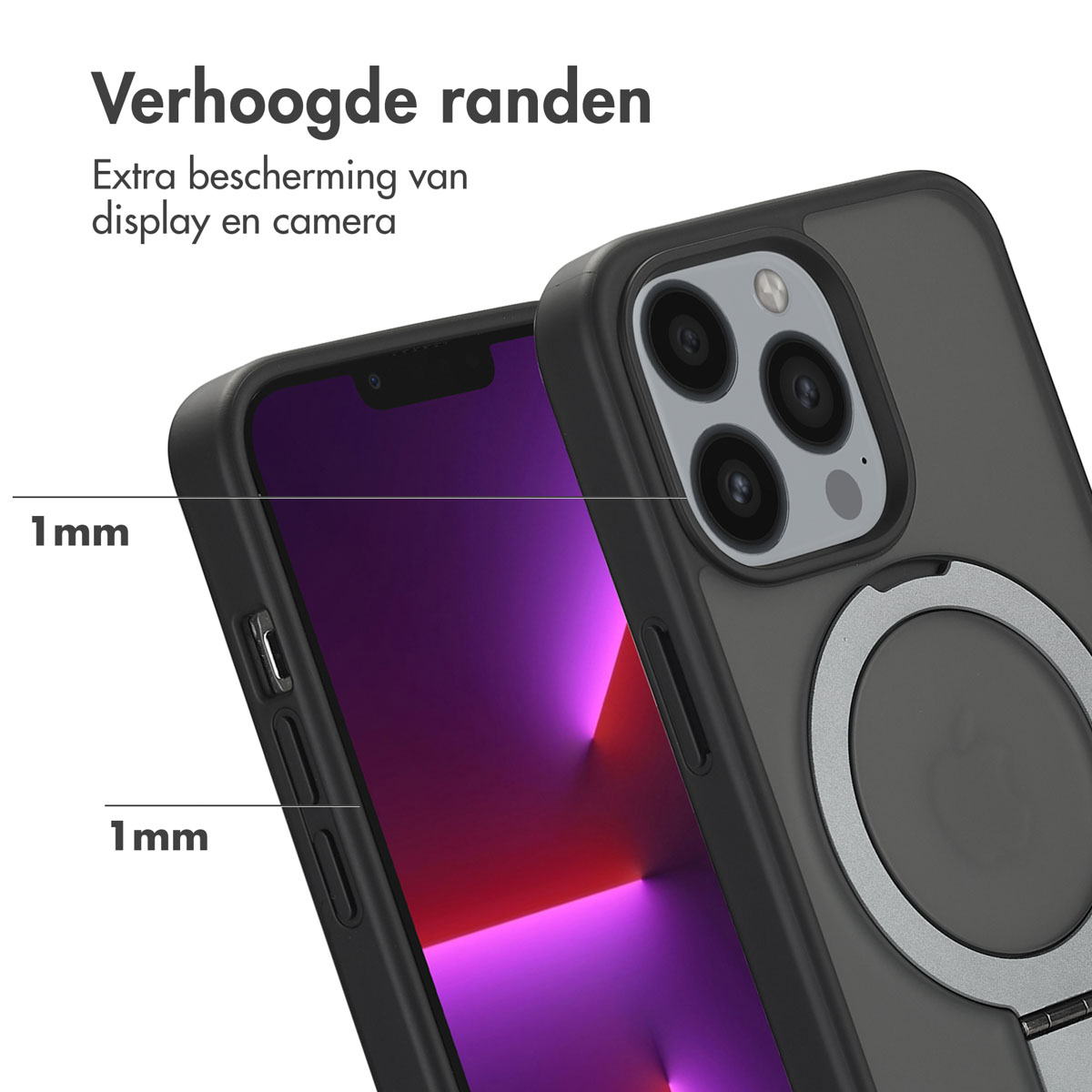 Telefoonhoesje, zwart en grijs, close-up, met verhoogde randen rond het scherm en de camera.