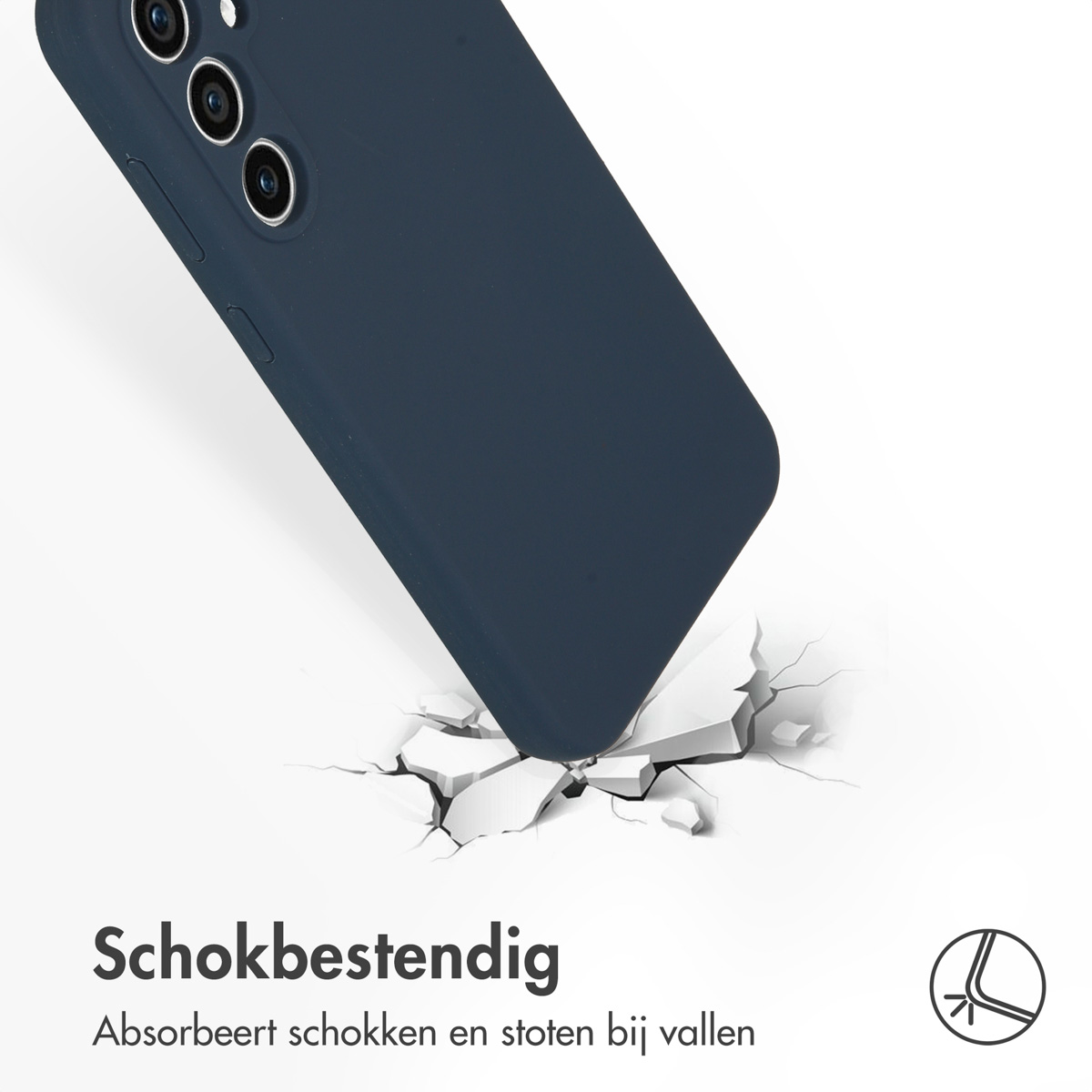 Blauwe telefoonhoes, barstend oppervlak. De hoes staat op een witte achtergrond, met witte fragmenten.