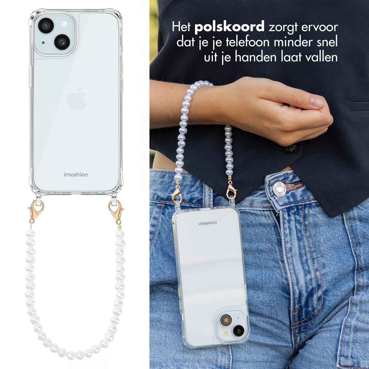 A phone in a clear case with a pearl strap, attached to a person's jeans pocket. The phone is white.