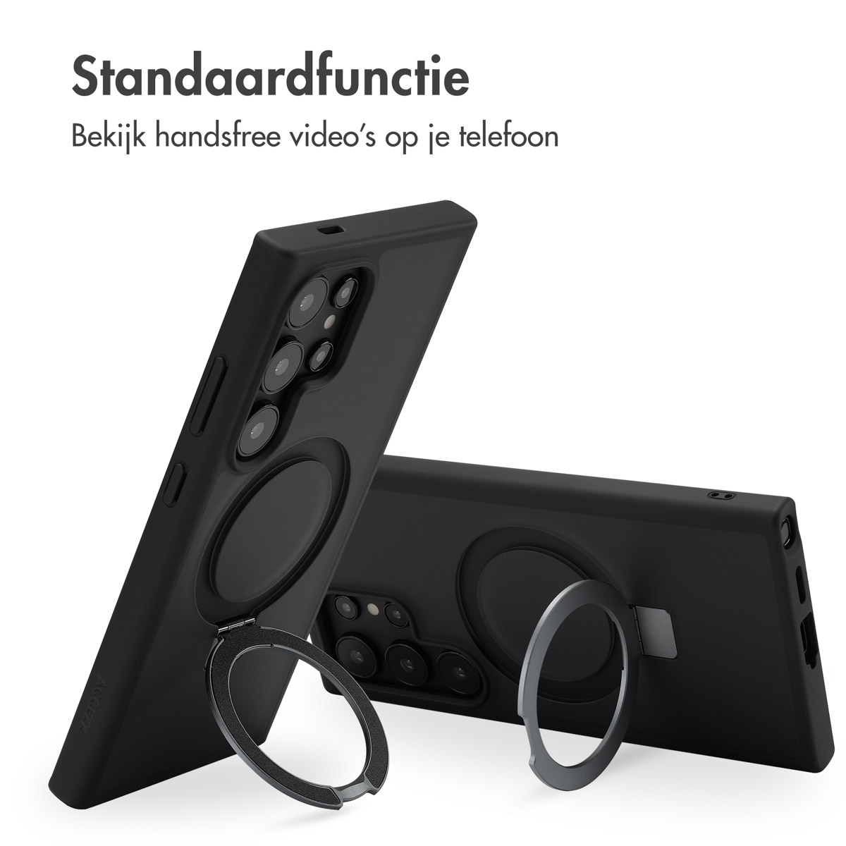 Twee zwarte telefoonhoesjes met een ringvormige standaard. Eén is open, de andere gesloten. De achtergrond is wit.