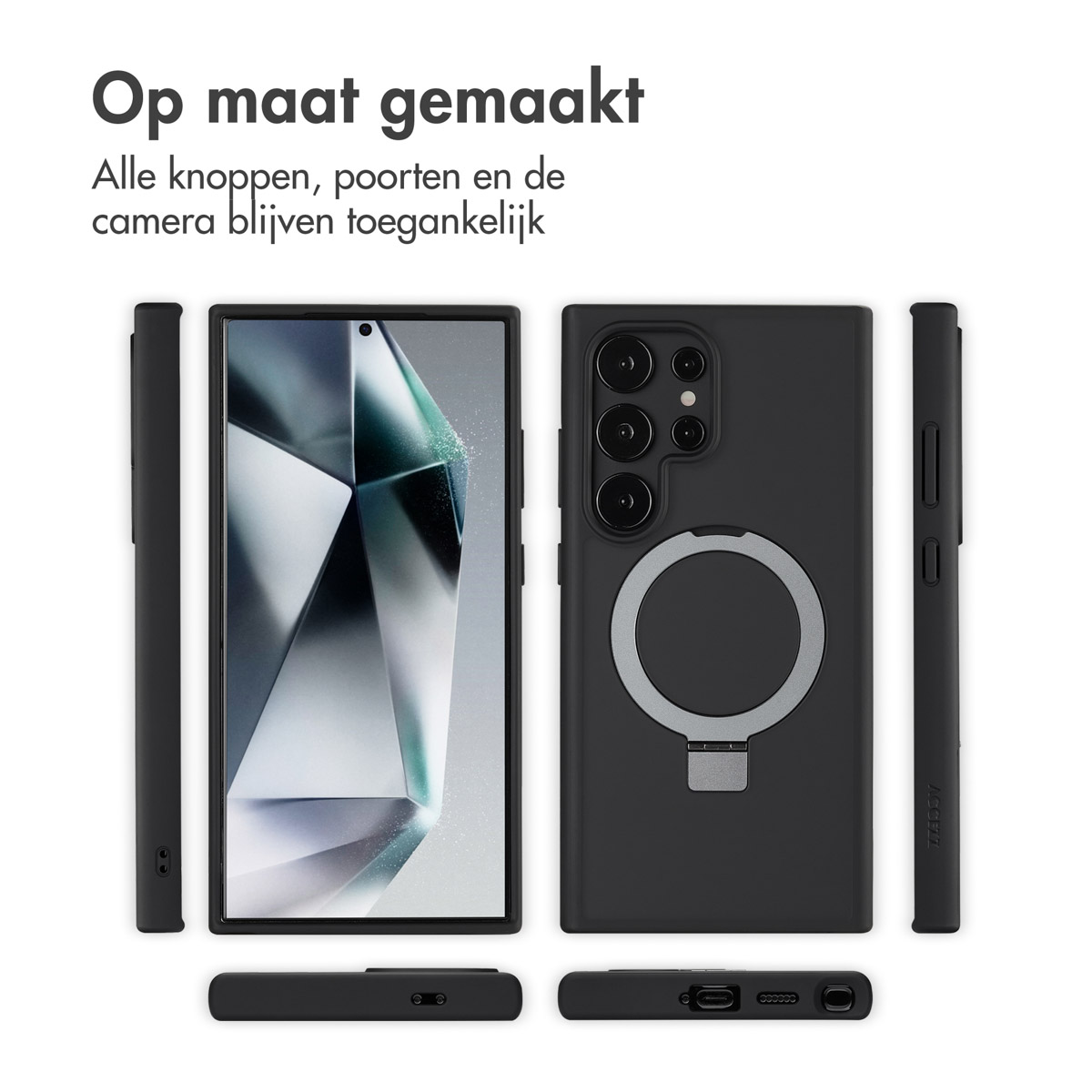 Een zwarte telefoonhoes met een ringhouder, vanuit meerdere hoeken getoond, geïsoleerd tegen een witte achtergrond.