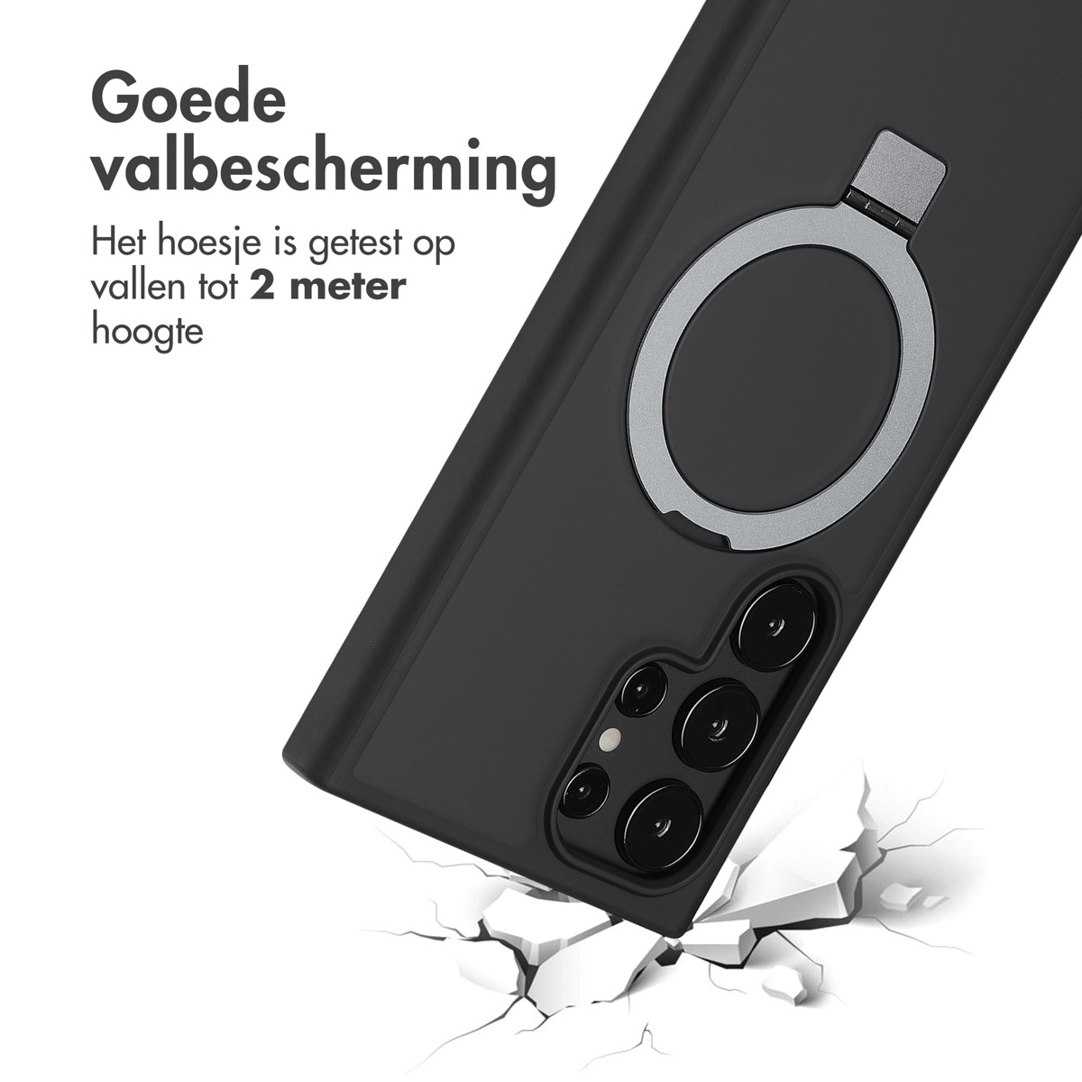 Telefoonhoesje met ringhouder op een gebarsten oppervlak, toont goede valbescherming.