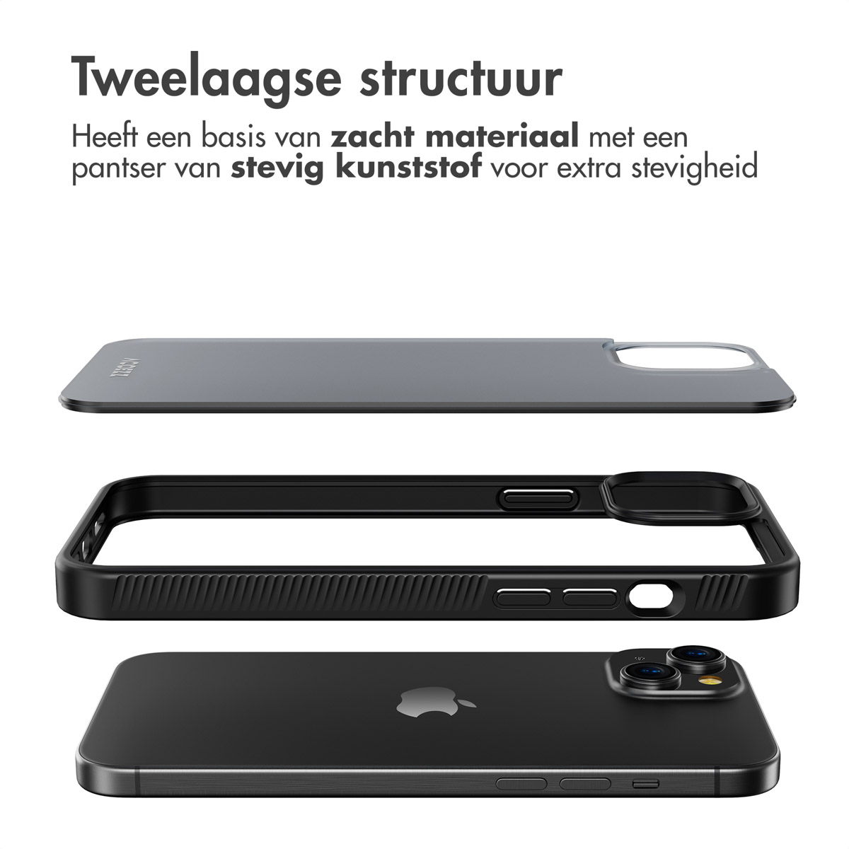 Strati della custodia del telefono. Il telefono, una cornice nera e uno strato superiore grigio sono separati, su bianco.