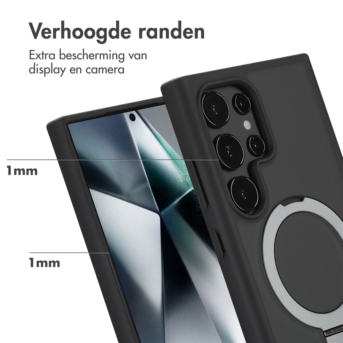 Zwarte telefoonhoes met ringhouder. Close-up met schermbeschermer en verhoogde randen. Tekst in het Nederlands.