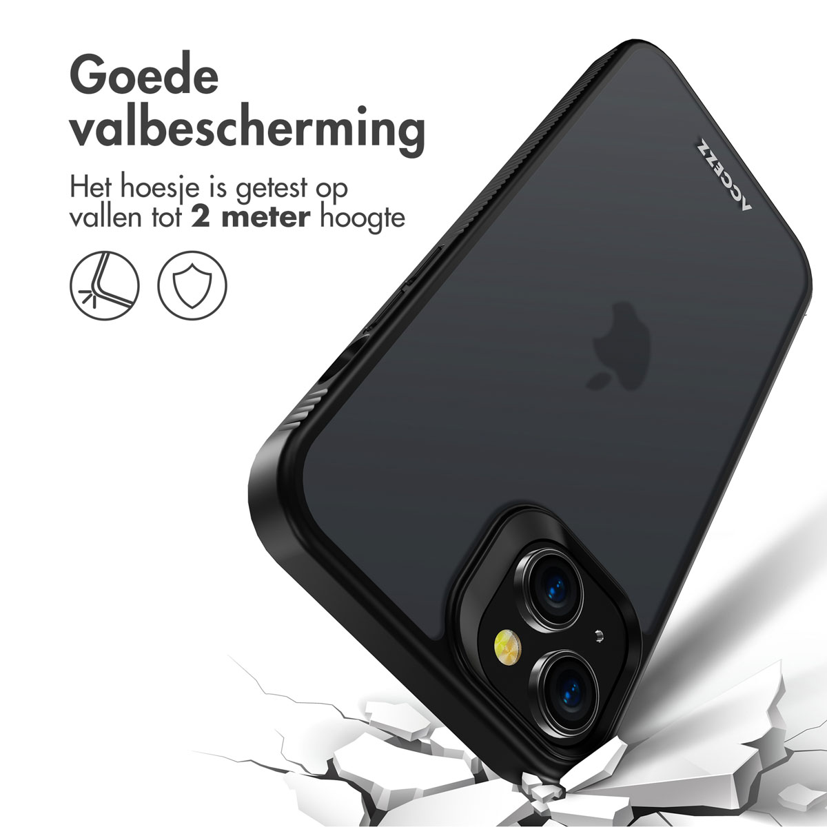 Téléphone noir dans l'étui, prise de vue en angle, tombant sur surface blanche brisée.