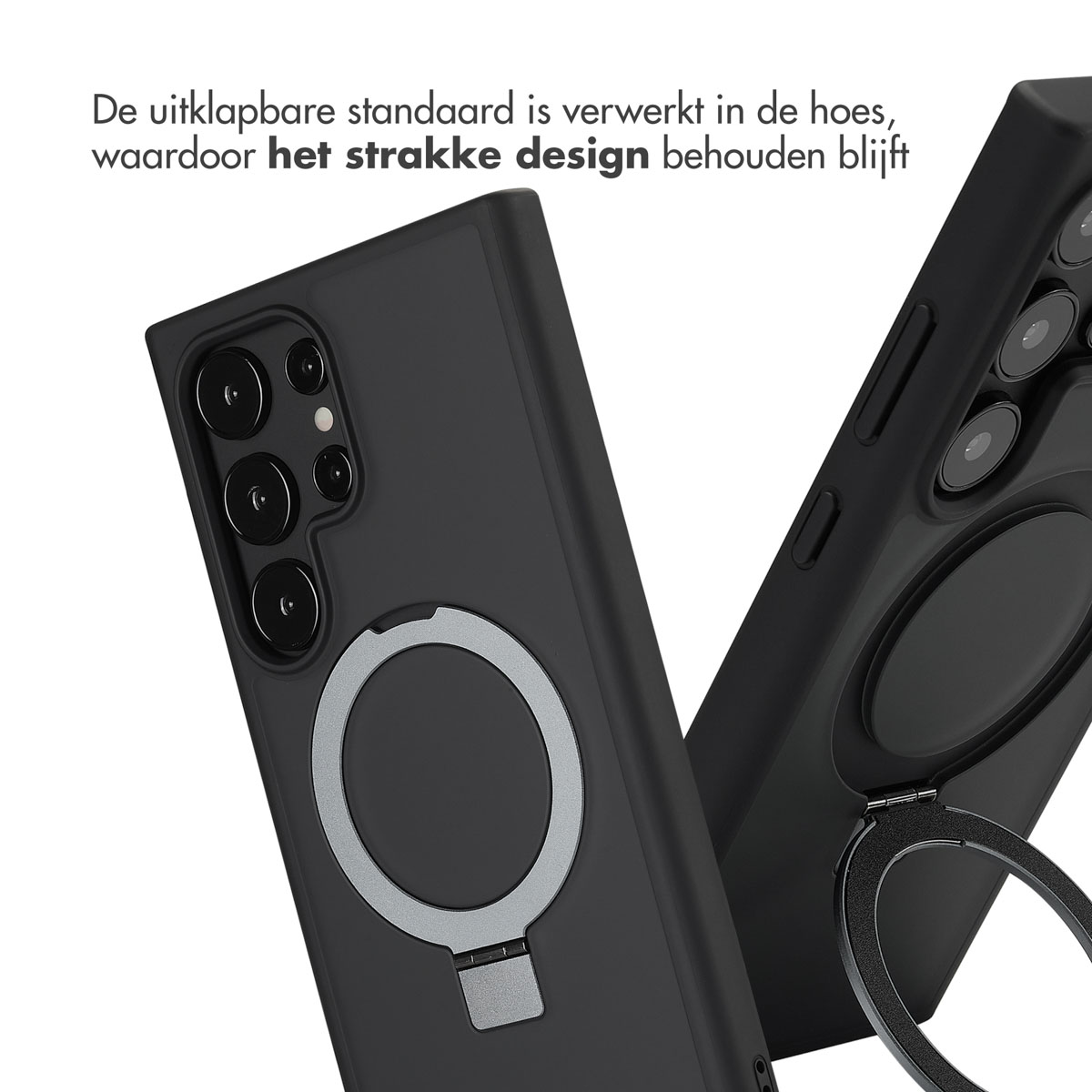 Telefoonhoesje met ringstandaard. Zwart hoesje met zilveren ring. Telefoon zichtbaar.
