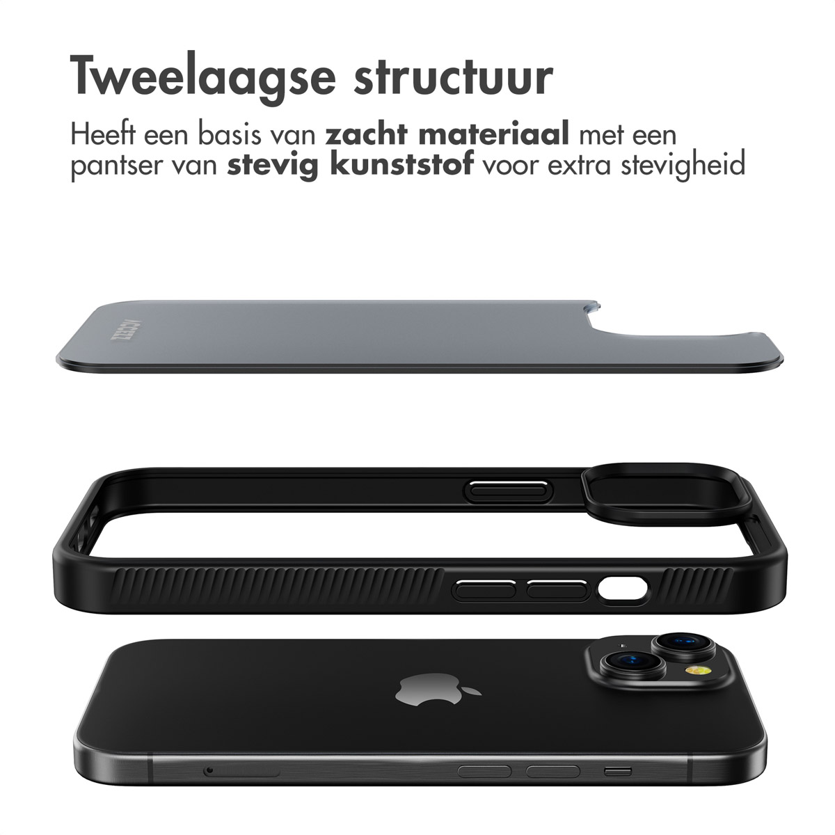 Phone case components: grey top, black case and a black phone.