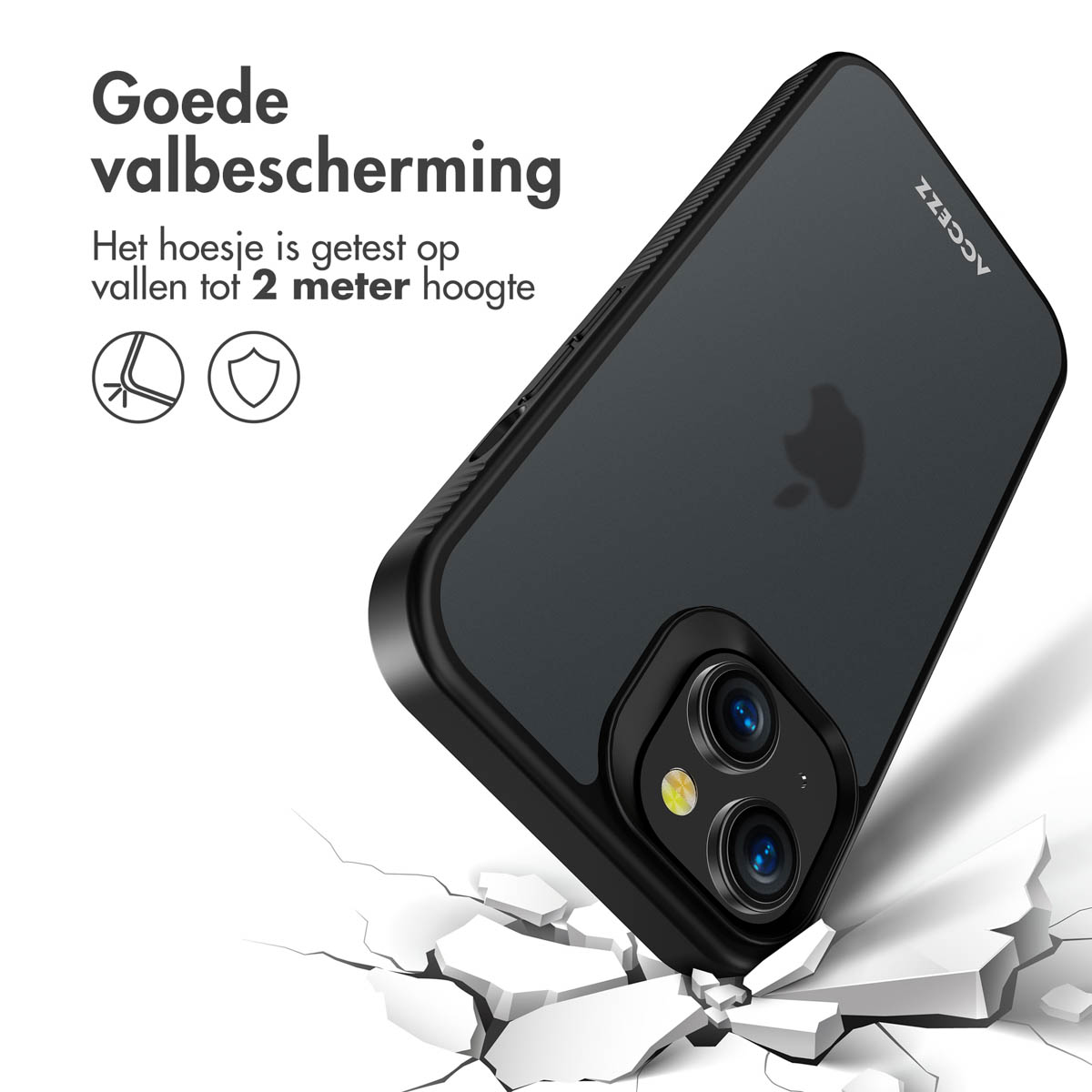 Black phone case dropped on concrete. Case shows good drop protection.