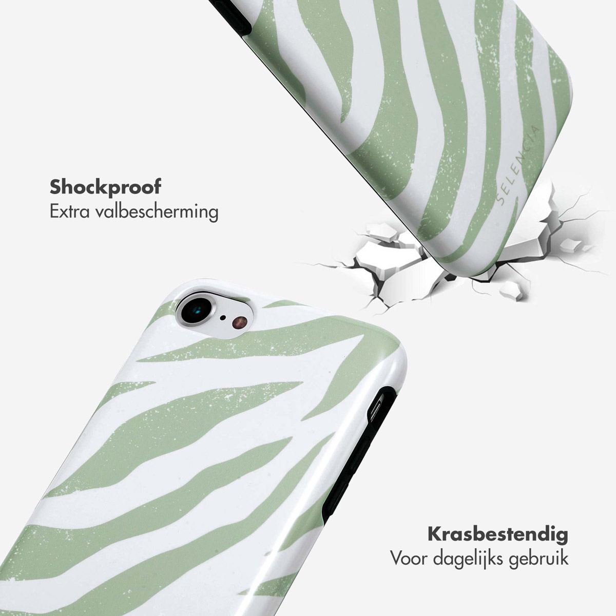 Witte en groene telefoonhoes. Tekst zegt: 'Schokbestendig' en 'Krasbestendig'. Scheuren worden getoond.