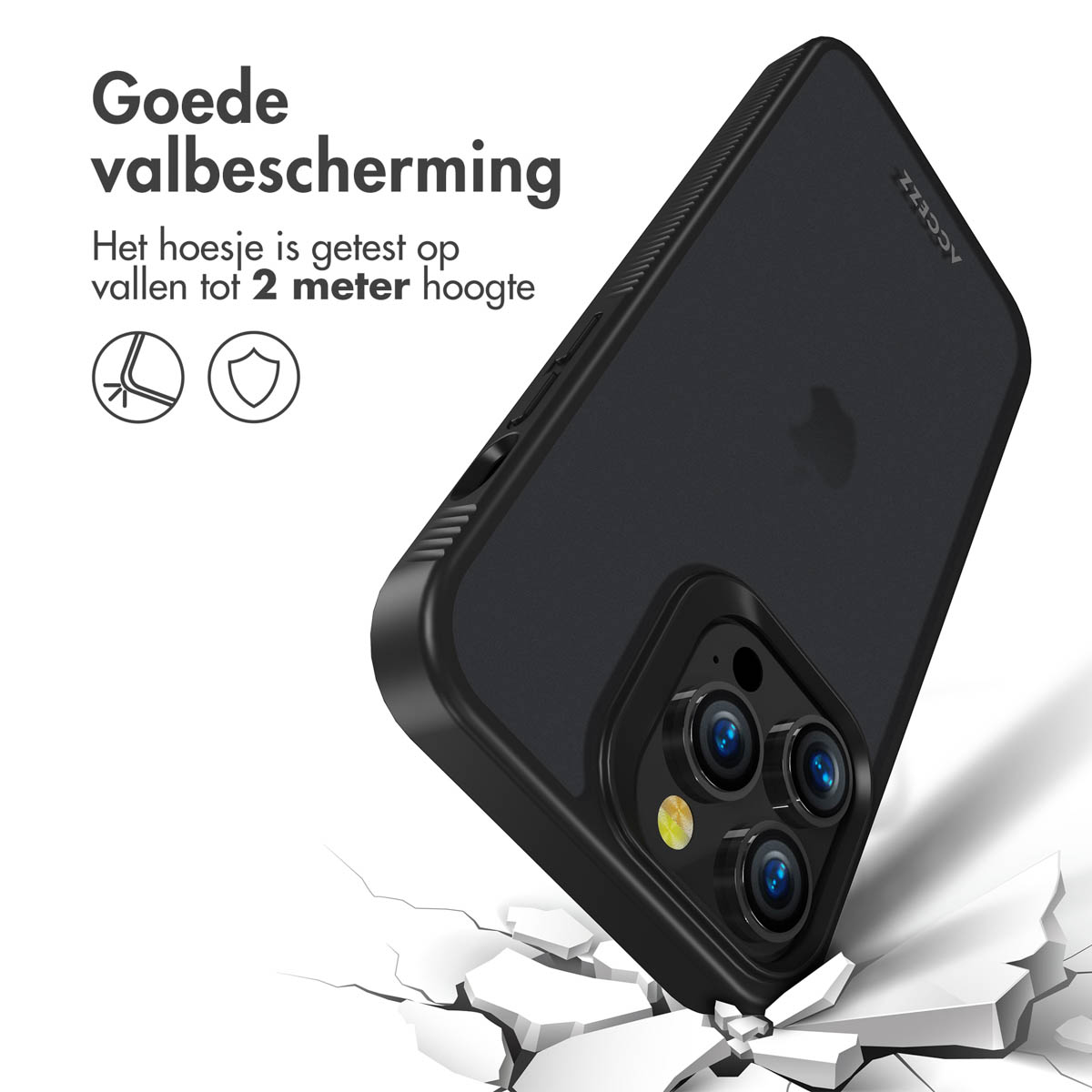 Coque de téléphone noire avec une coque transparente, avec un téléphone à l'intérieur. Une surface se fissure.