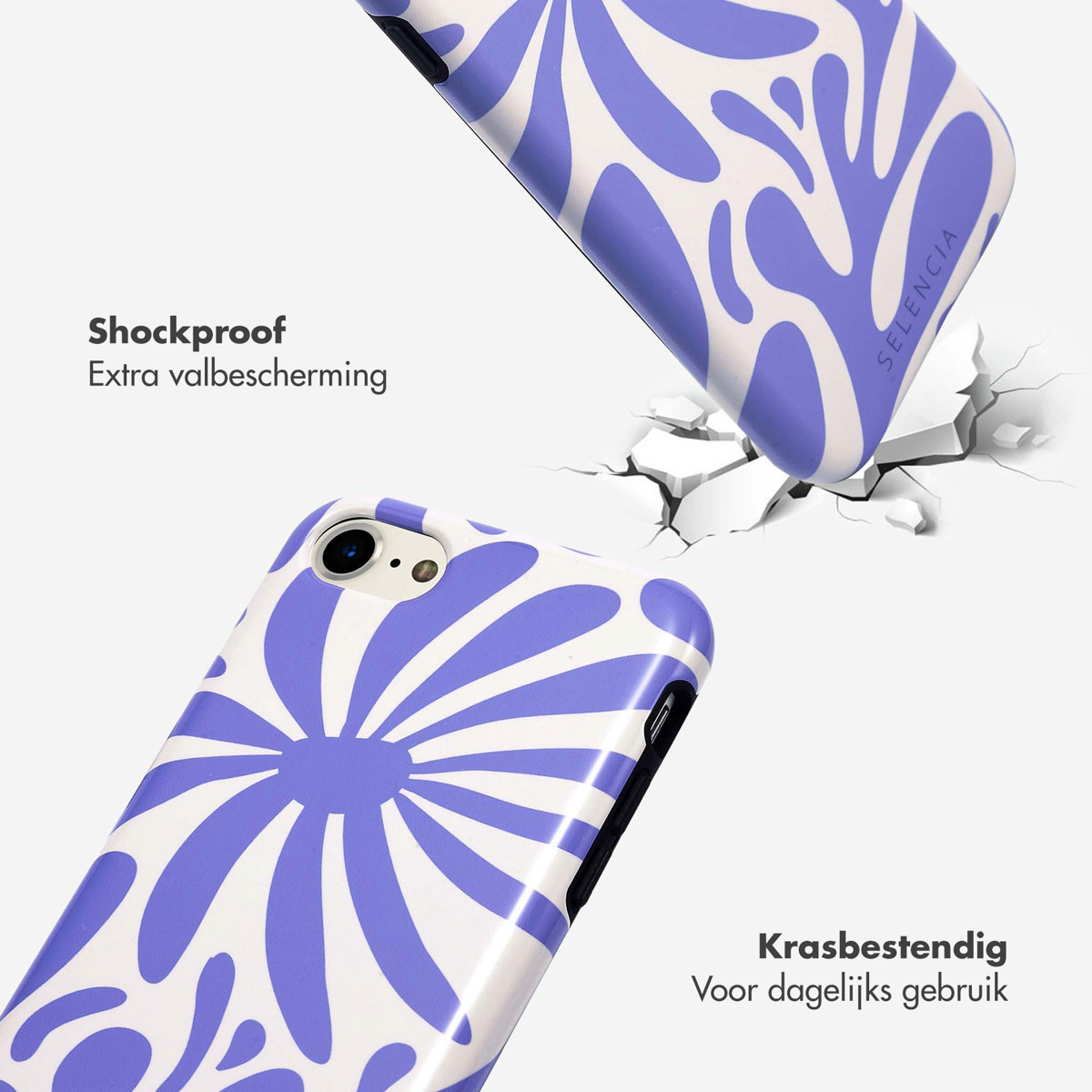Custodia per telefono bianca con stampa floreale viola che spacca una superficie, che cade con il logo Selencia visibile.