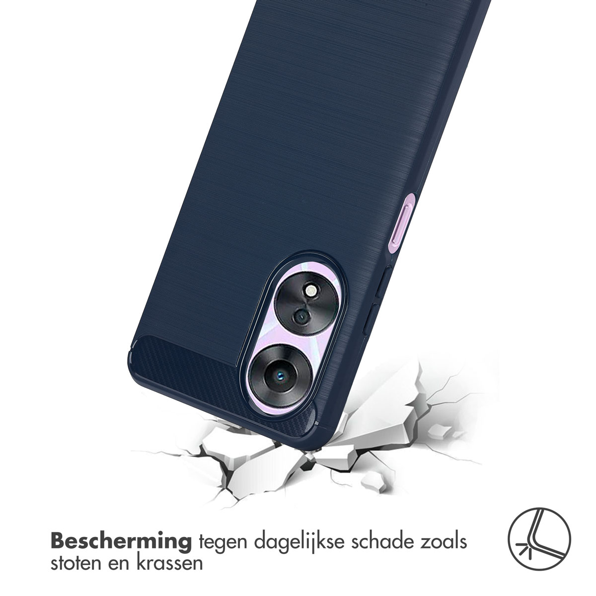 Une coque de téléphone en bleu foncé avec un téléphone, montrant l'appareil photo. La coque est sur une surface fissurée.