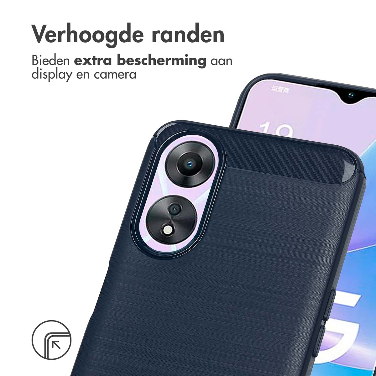Gros plan d'un étui de téléphone avec objectif. Étui bleu foncé avec texte. Le téléphone est en arrière-plan.