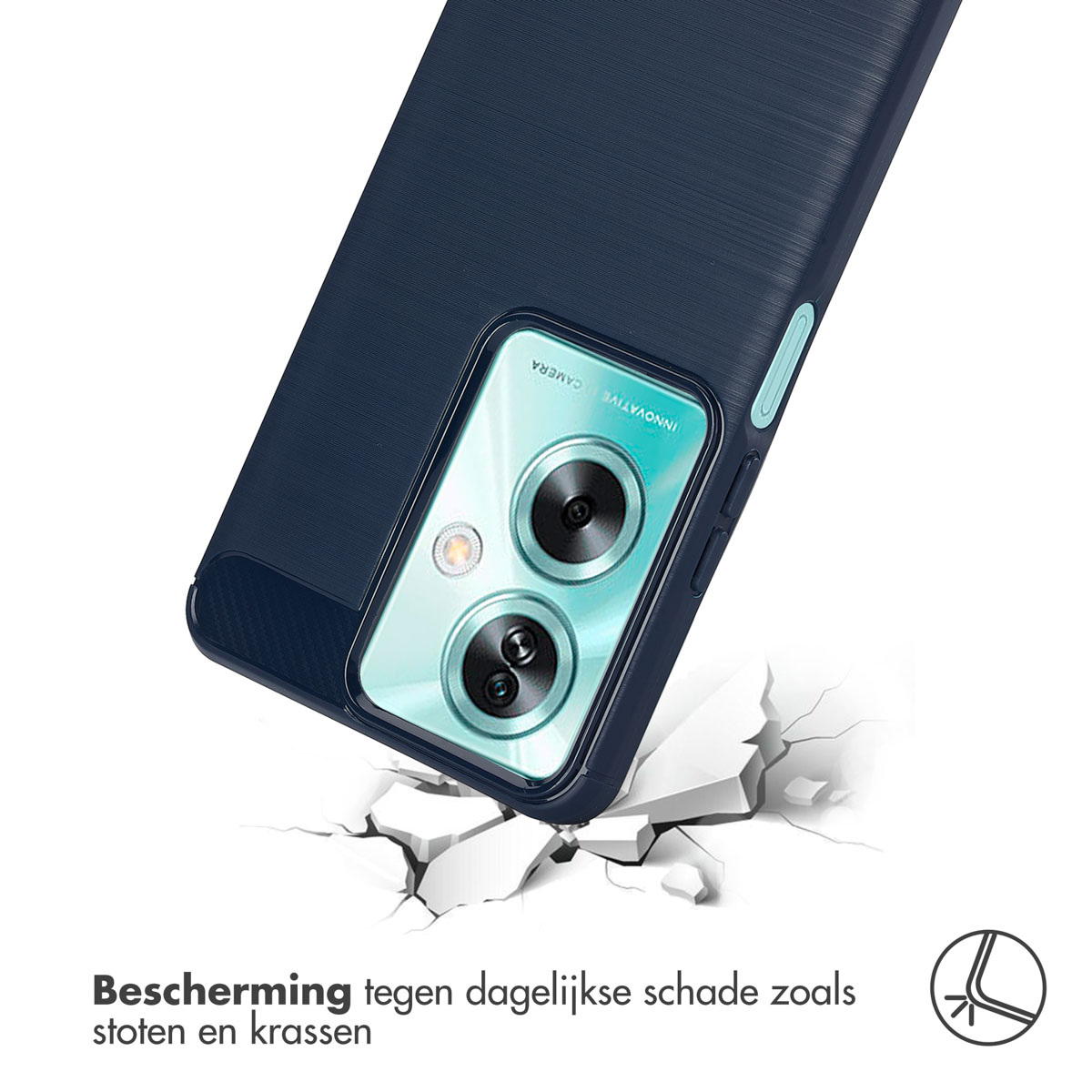 Een marineblauwe telefoonhoes met een telefoon en scheuren eromheen.