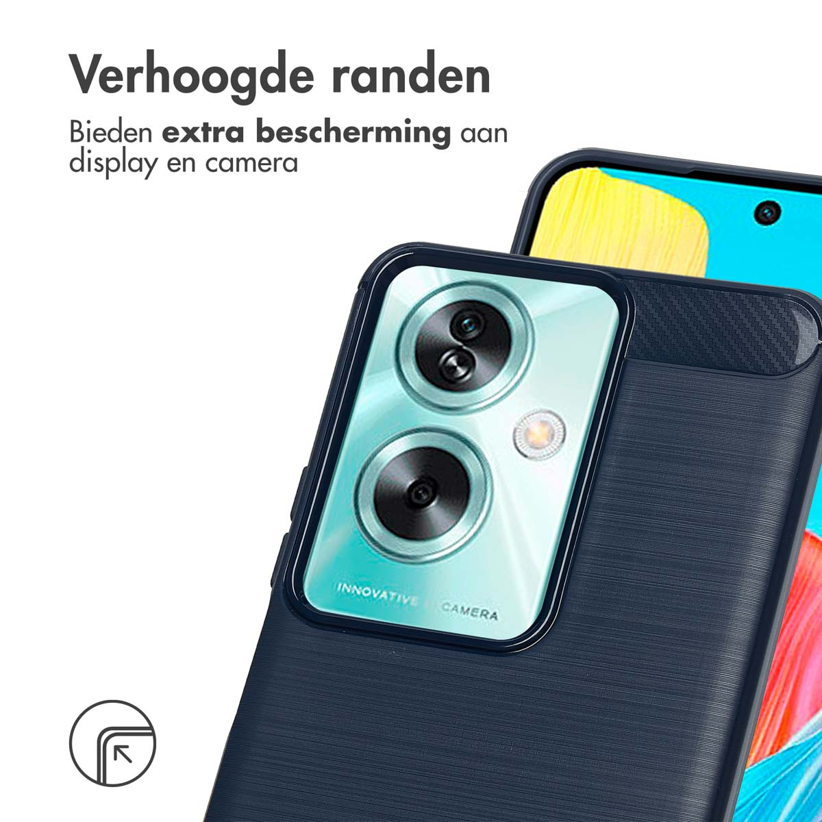 Close-up van een telefoon in een donkerblauwe hoes. Toont cameralenzen en tekst over extra bescherming.