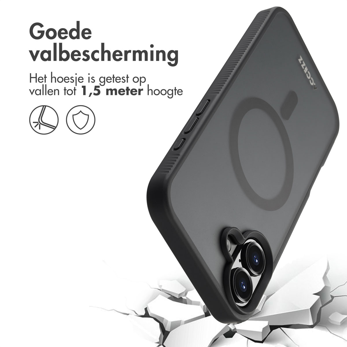 Zwarte telefoonhoes over een gebarsten oppervlak. Toont impactbestendigheid en valbescherming.