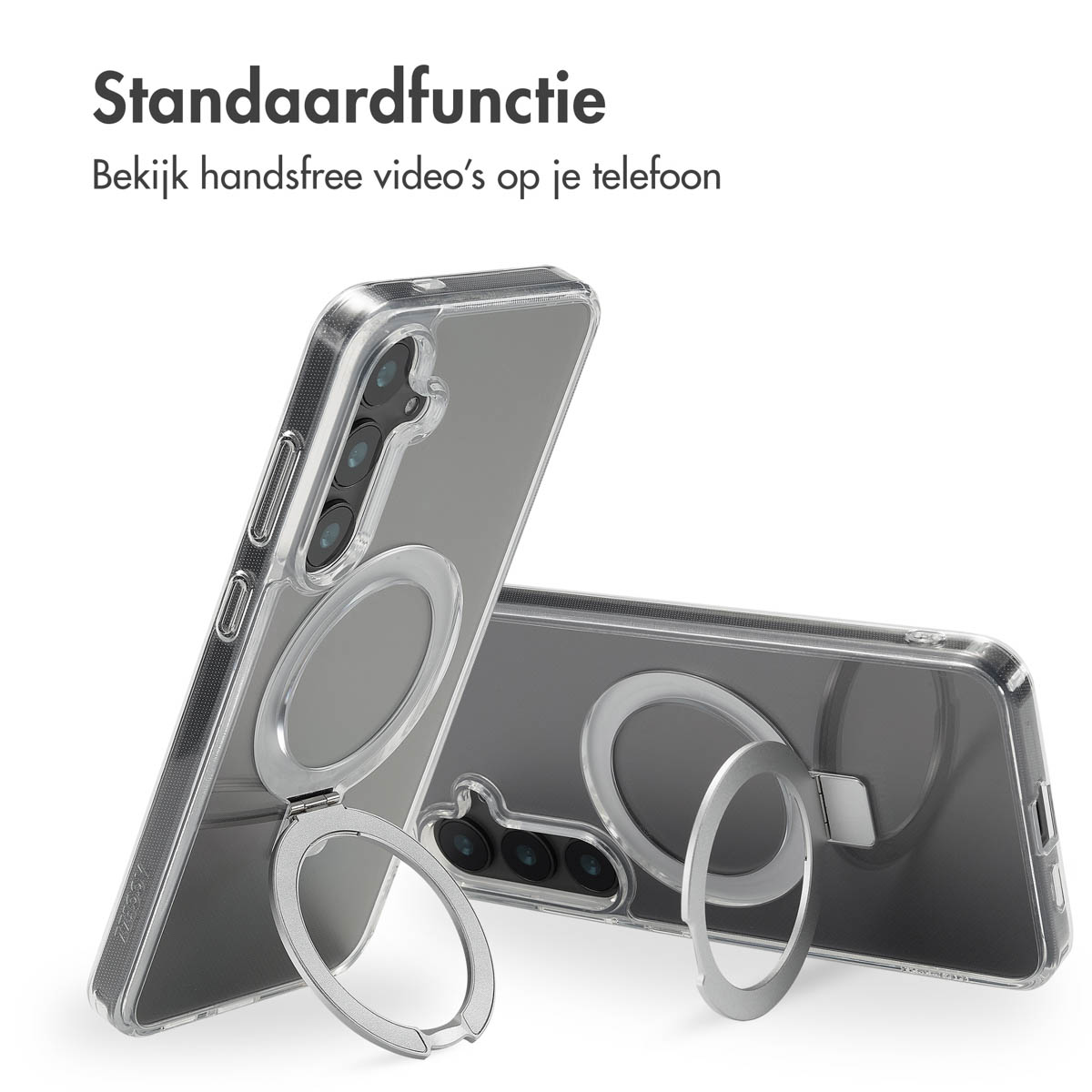 Custodie trasparenti per telefono con supporto ad anello, due visibili.