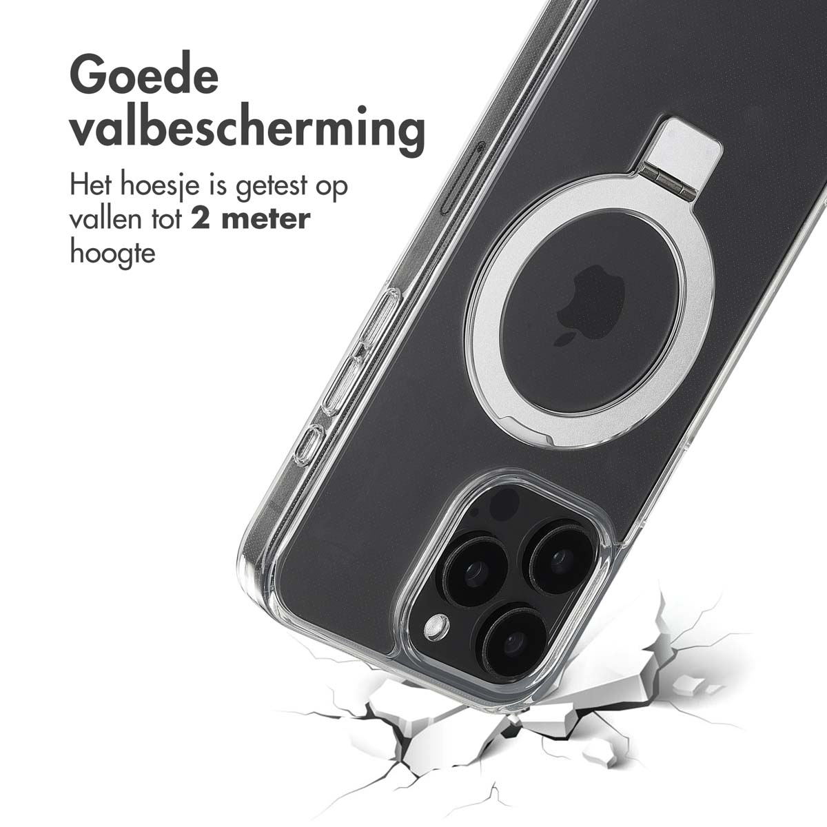 Eine Handyhülle liegt auf einem Tisch, mit einem Telefon darin. Sie hat einen Ring zum Halten. Die Hülle hat Risse.