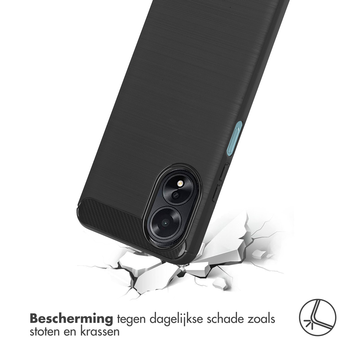 Een zwarte telefoonhoes met een gestructureerd ontwerp, waardoor een oppervlak scheurt.
