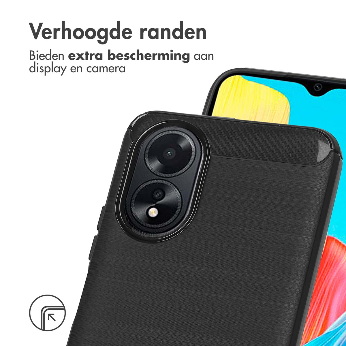 Zwarte telefoonhoes op een telefoon. Het ontwerp bevat verhoogde randen voor camera en scherm.