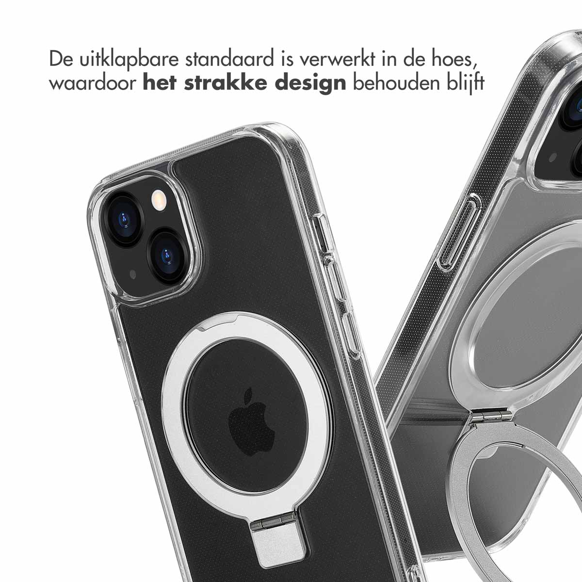 Coque de téléphone transparente avec anneau, présentant le téléphone et son design.