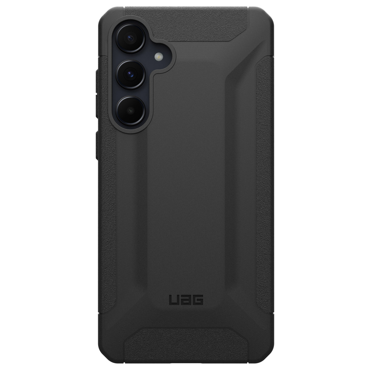 Zwarte telefoonhoes met een robuust ontwerp. UAG-logo zichtbaar op de achterkant, met camera's.