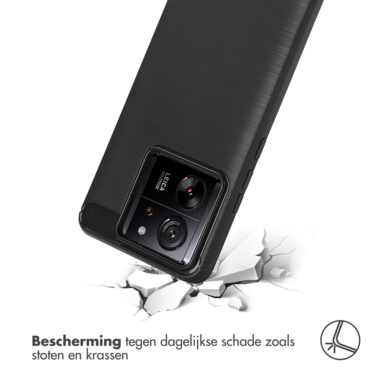 Zwarte telefoonhoes met een telefoon erin. De telefoonhoes heeft een gebarsten gebied.