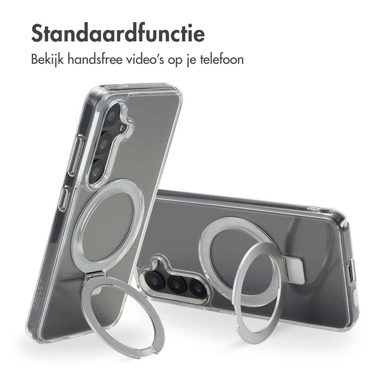 Twee doorzichtige telefoonhoesjes met ringstandaards. De hoesjes staan op een witte achtergrond.