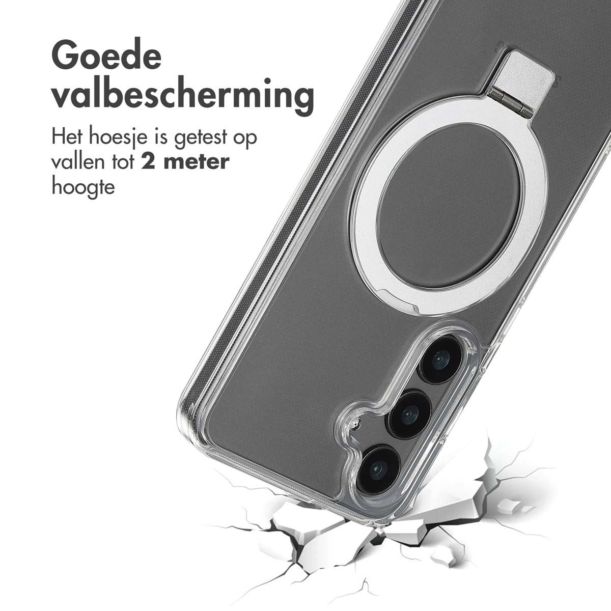 Telefoon in een hoesje dat valt. De hoes heeft een ringstandaard. Tekst: goede valbescherming.