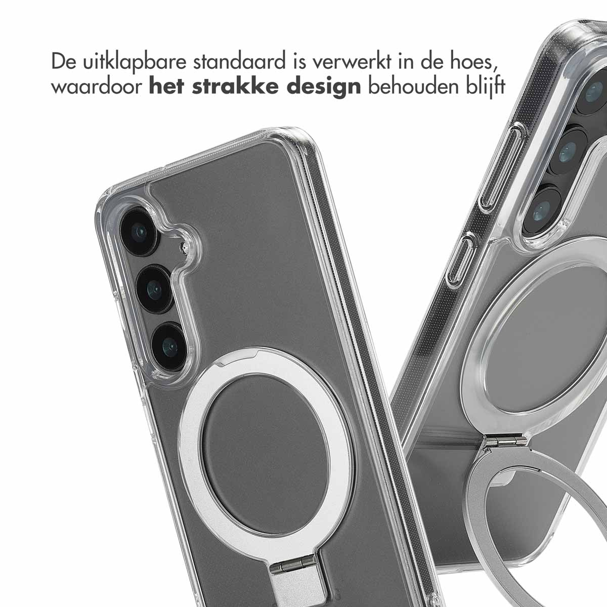 Twee telefoonhoesjes met ringstandaard. Eén is transparant, de andere heeft het.