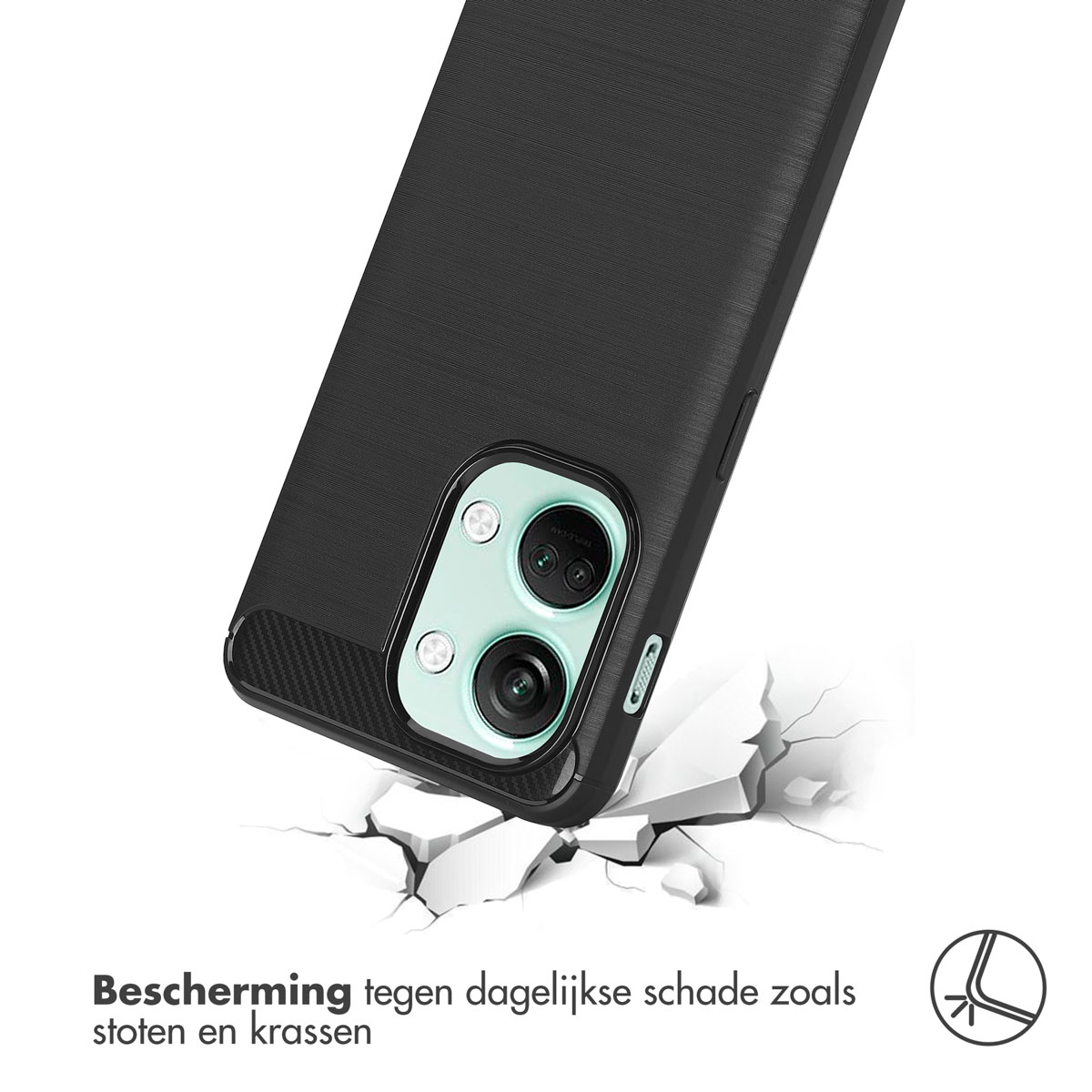 Een zwarte telefoonhoes met een telefoon, die valt. De hoes zegt bescherming tegen dagelijkse schade.