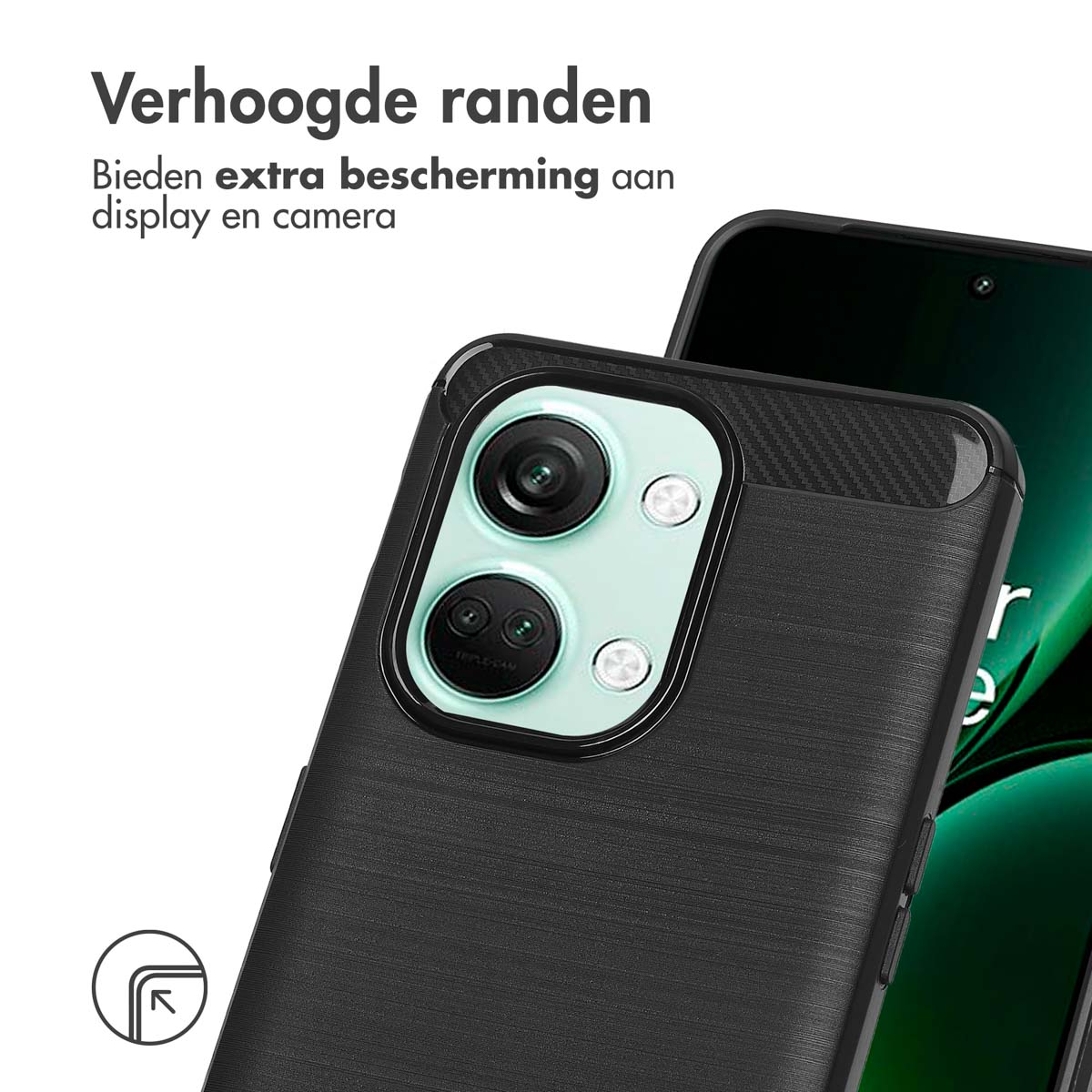 Close-up van een zwarte telefoonhoes op een telefoon, waarbij de cameralenzen worden uitgelicht.