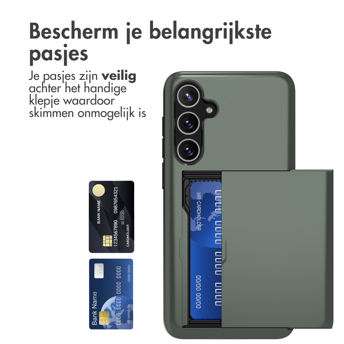 Telefoonhoesje met kaartsleuven en twee bankkaarten. Olijfgroene hoes, blauwe en gouden kaarten met tekst.