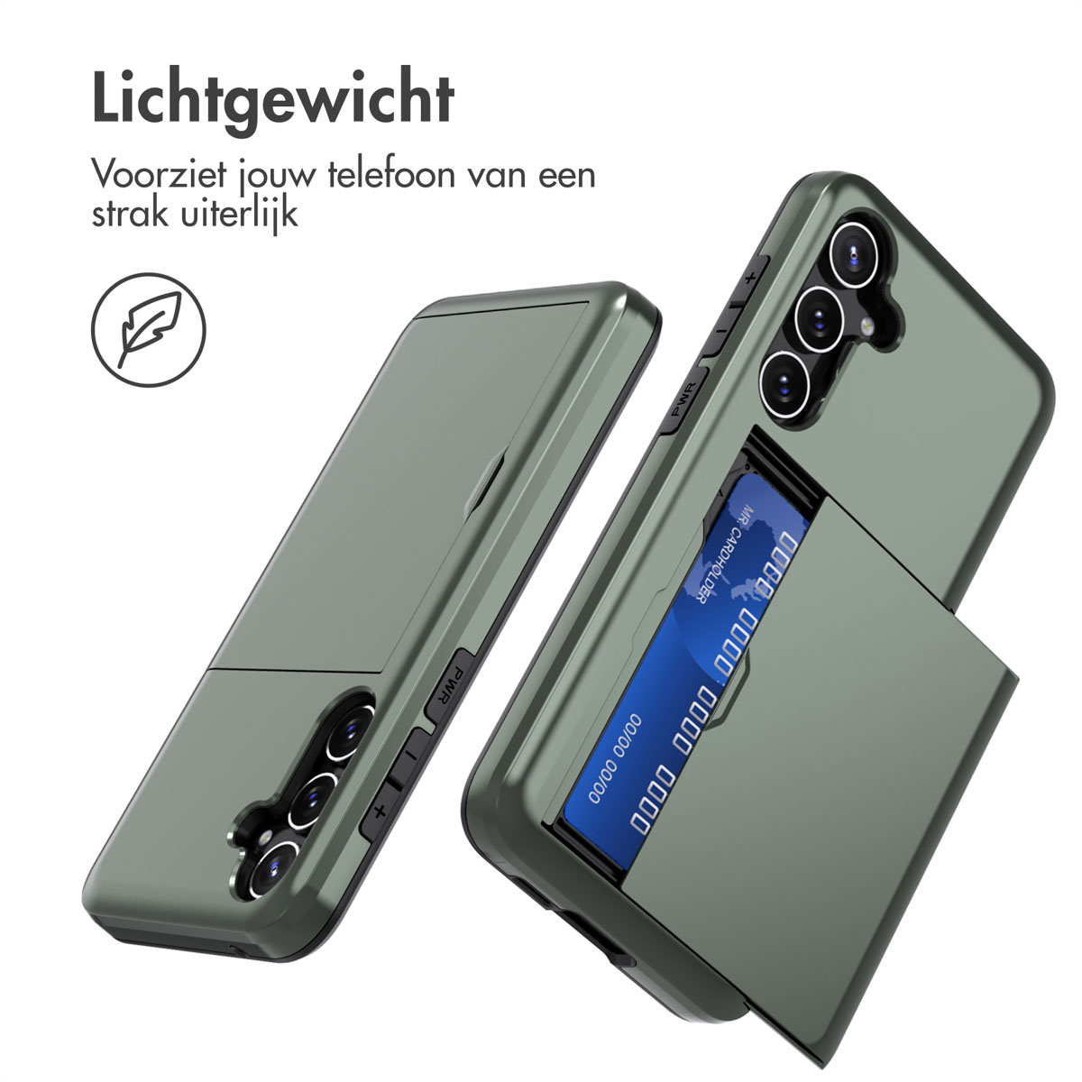 Groene telefoonhoes met een opening voor een kaarthouder. De telefoonhoes is licht van gewicht.