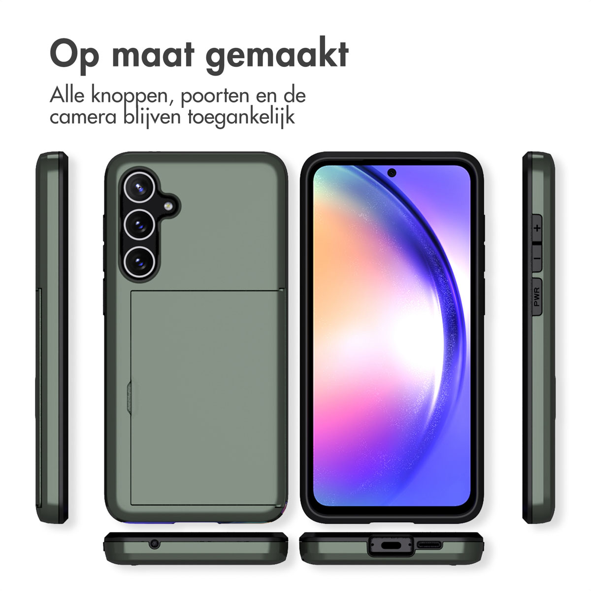 Telefoonhoesje met verschillende zijden zichtbaar. Groene hoes met kaartsleuf, knoppen en poorten.