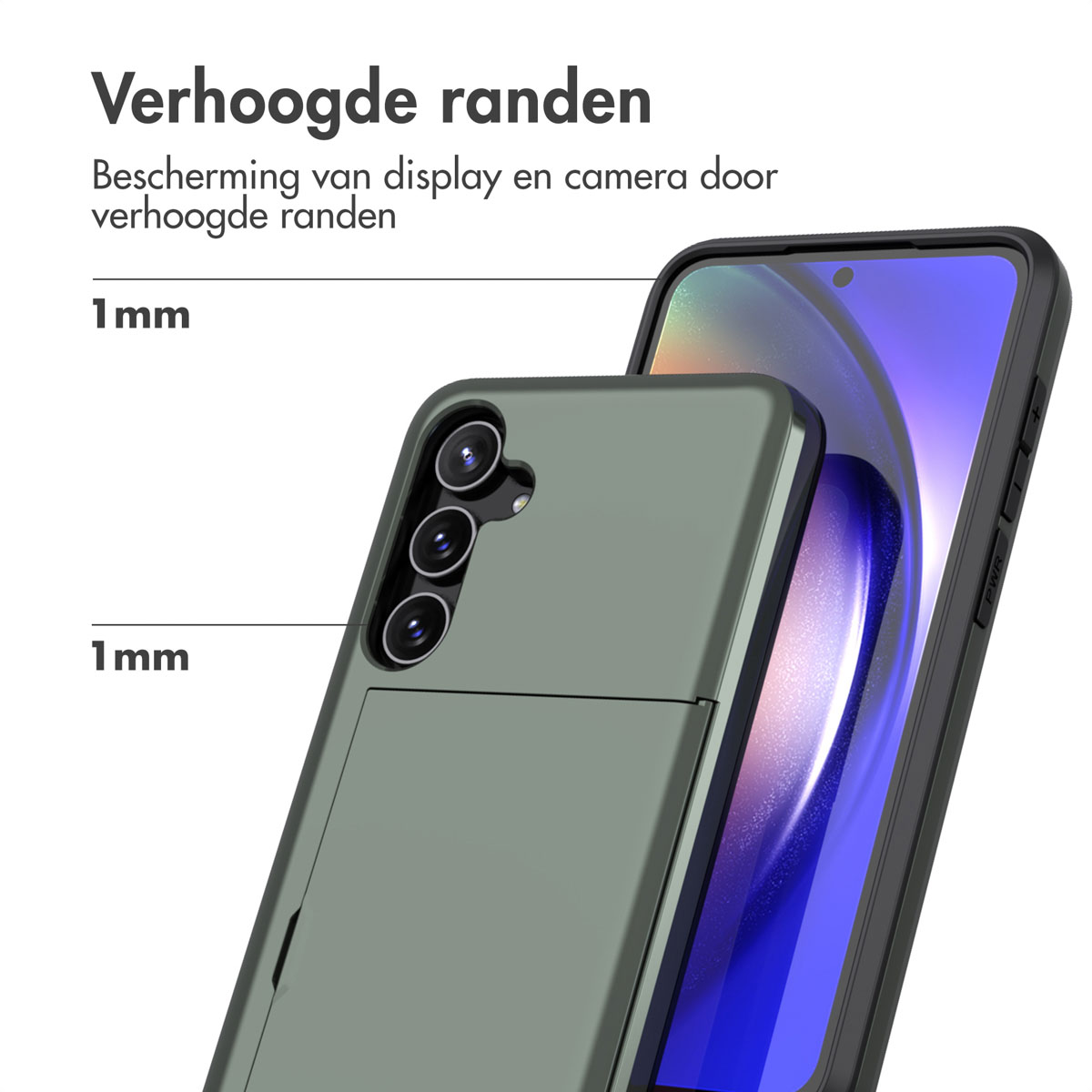 Close-up van telefoonhoes met opstaande randen. Telefoon en hoes zijn groen, met zwart frame, op wit.