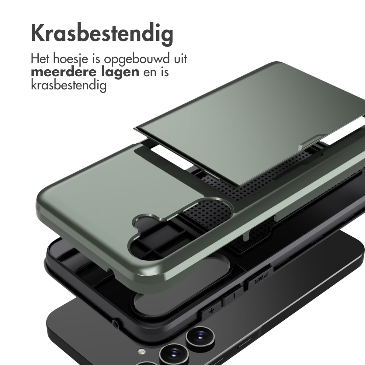 Een telefoonhoes wordt getoond, geëxplodeerde weergave, de lagen tonend. Het is krasbestendig.