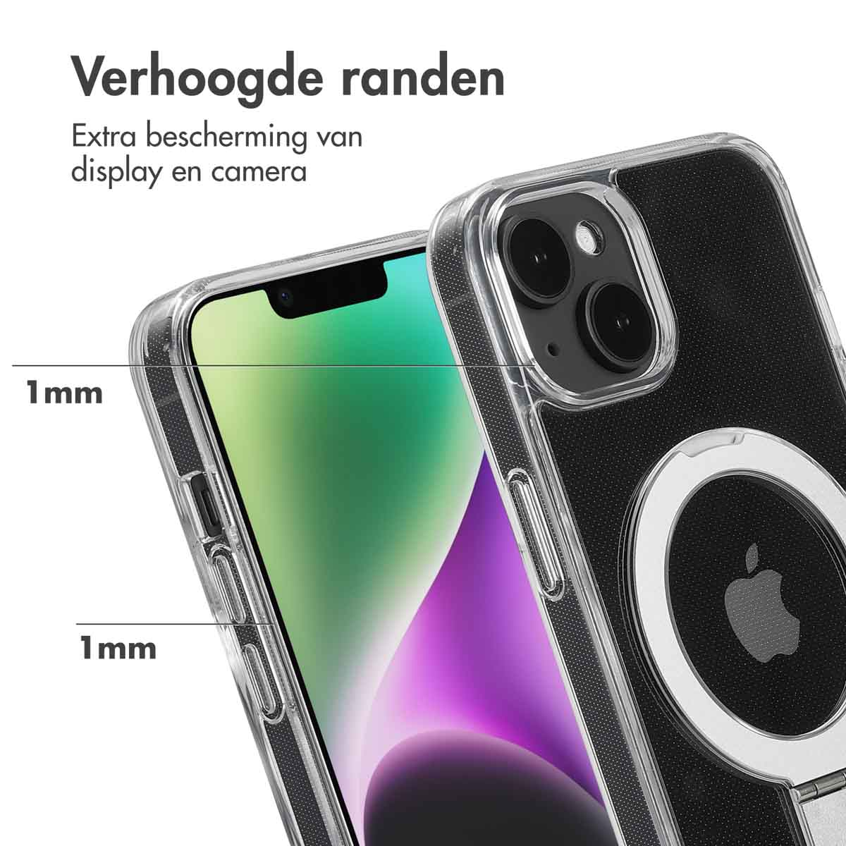 Custodia per telefono con bordi rialzati di 1 mm, mostra fotocamera e schermo.