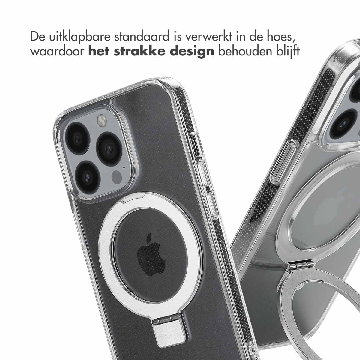 Coques de téléphone transparentes avec anneaux, une inclinée, montrant le logo Apple.