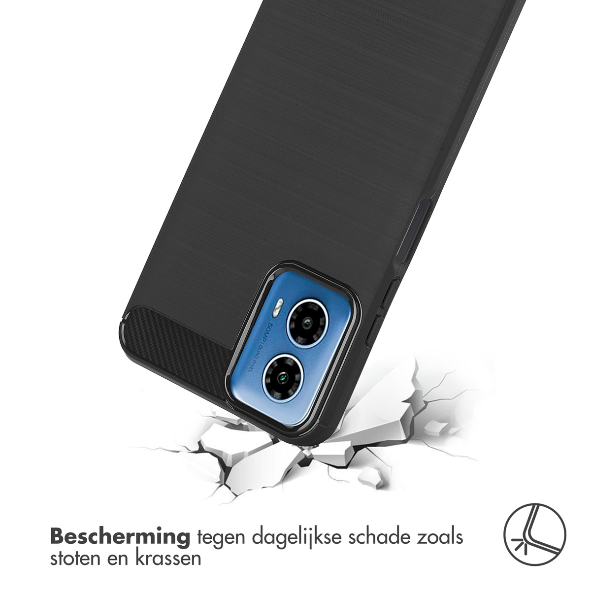 Téléphone dans un étui noir. Le téléphone est sur une surface blanche. Texte présent.