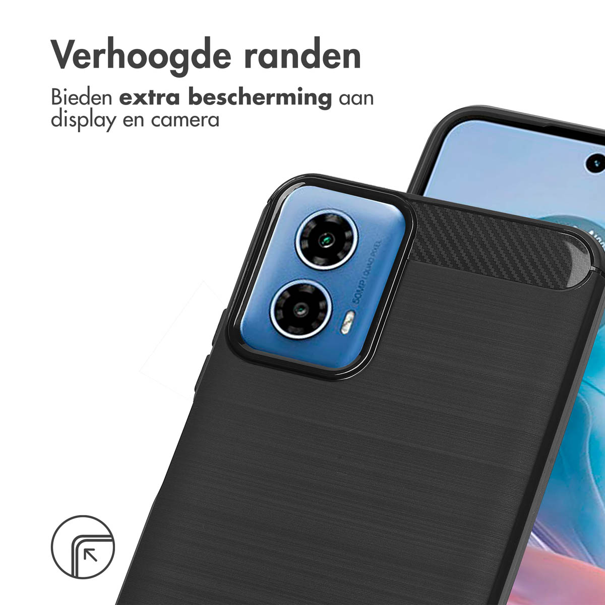 Coque de téléphone avec une découpe pour l'appareil photo. La coque est sur un téléphone. Le texte dit