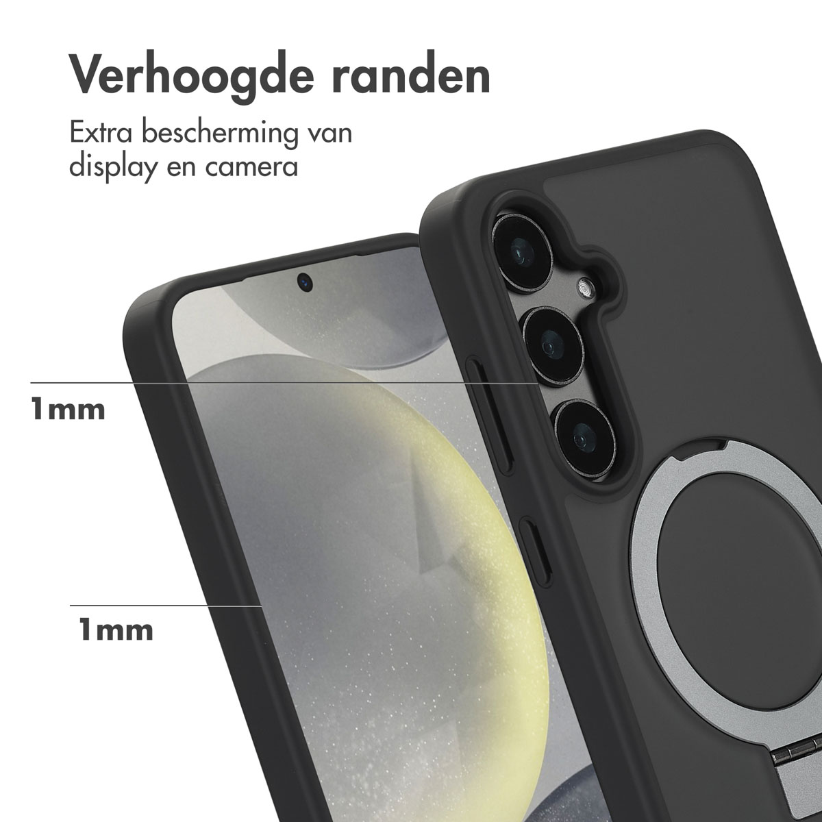 Una custodia nera con ritagli per la fotocamera, che mostra bordi rialzati di 1 mm.