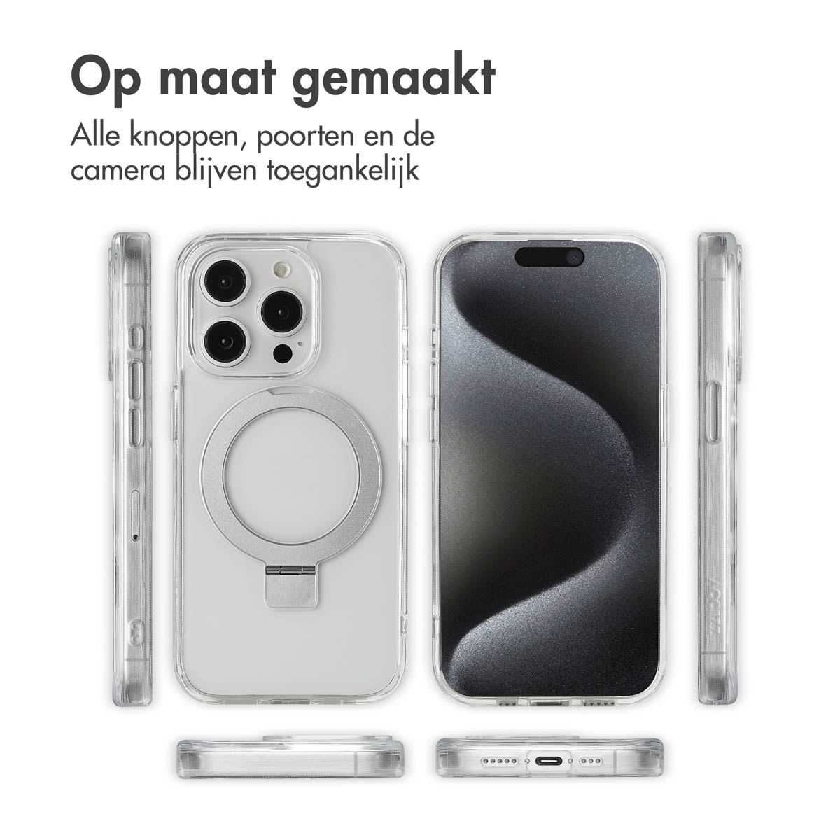 Coque transparente avec anneau argenté. Téléphones dans la coque. Texte 'Op maat gemaakt' en haut.