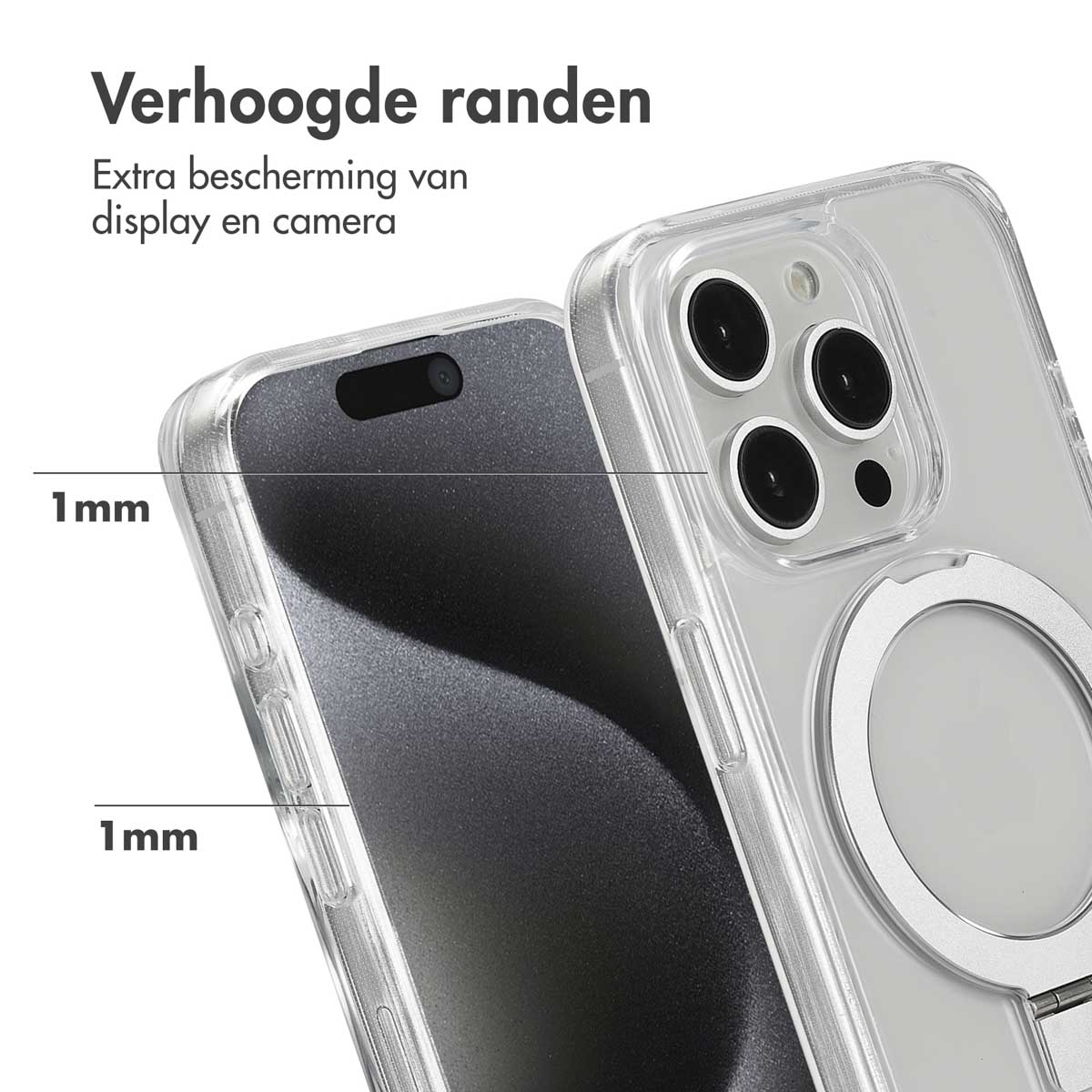 Coque transparente avec bords surélevés autour du téléphone et de la caméra.