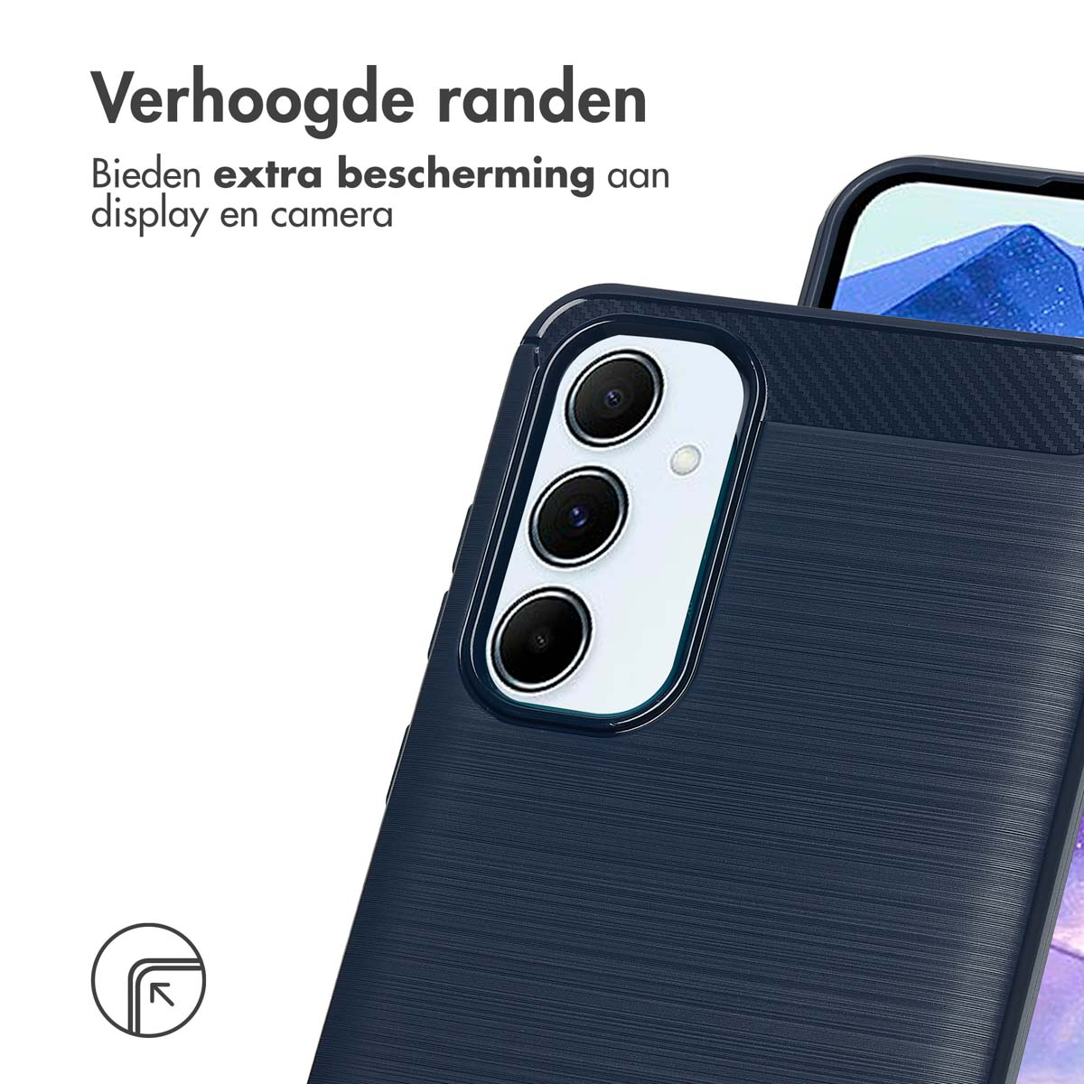Donkerblauwe telefoonhoes met een camera. Tekst: "Verhoogde randen".