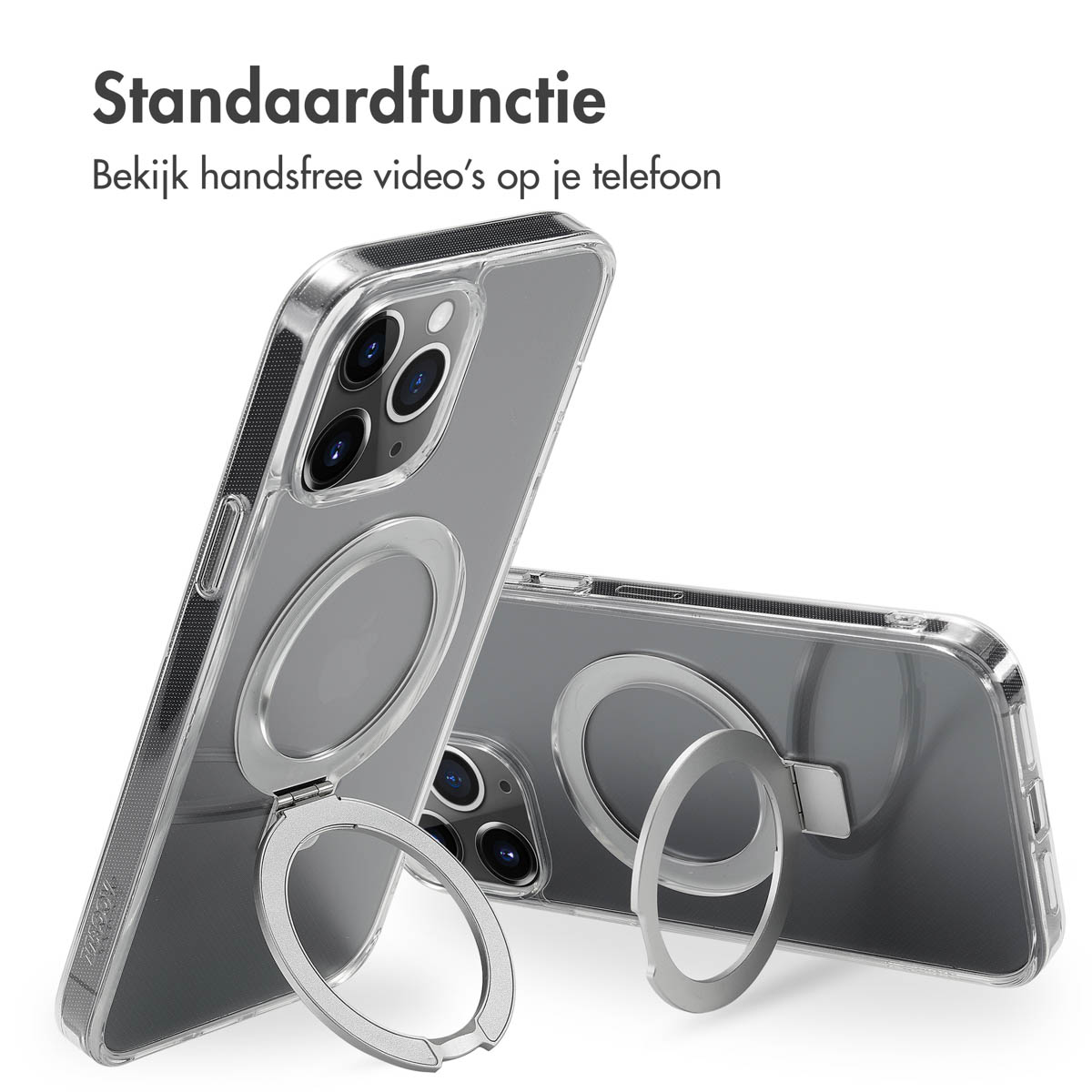 Deux téléphones dans des étuis de protection avec des supports d'anneau. Les étuis sont transparents et ont un anneau argenté.