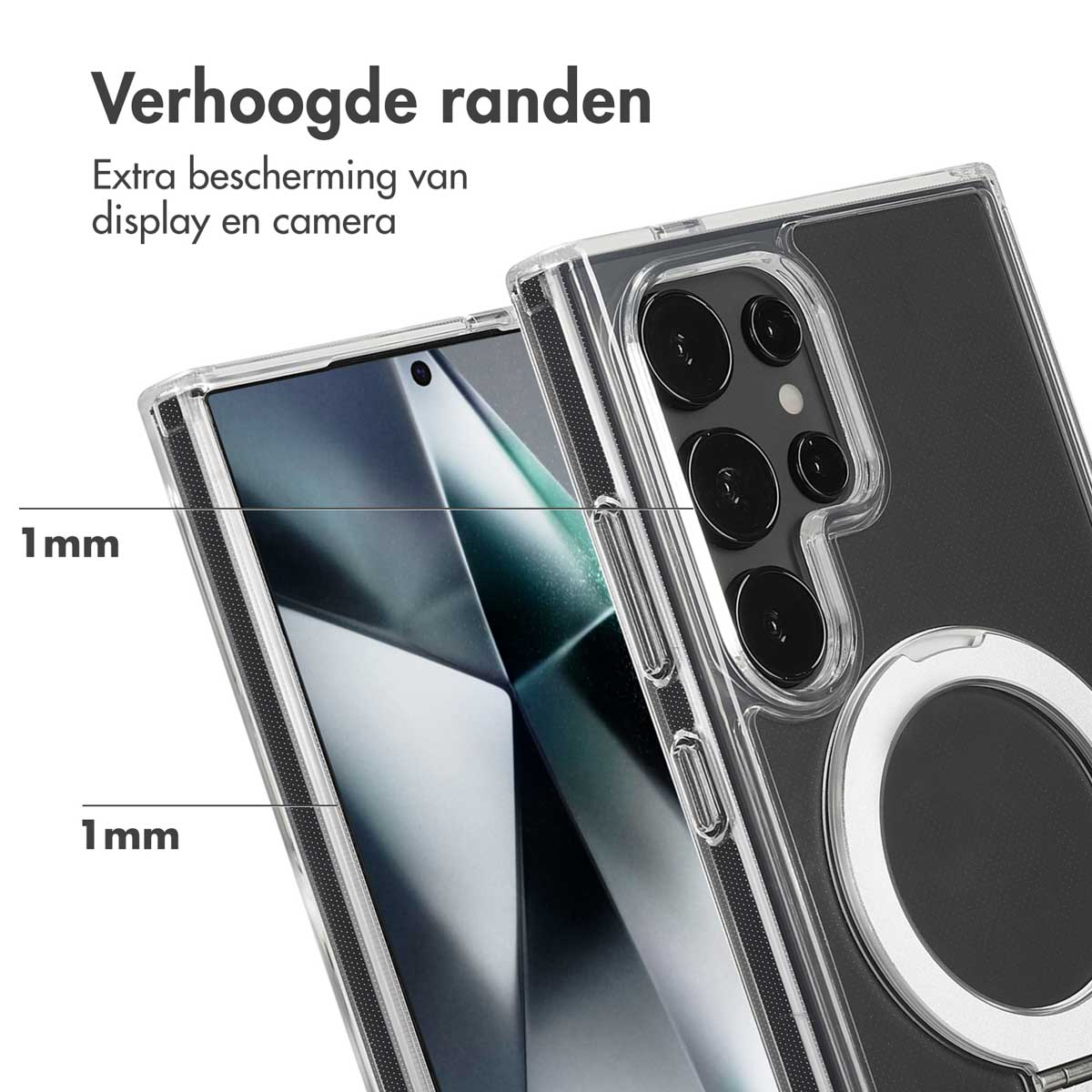 Telefoonhoesje met verhoogde randen, zwarte telefoon en ringhouder.