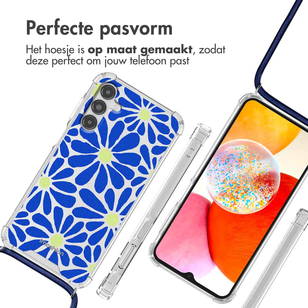 Transparant telefoonhoesje met blauw bloemendesign, met een telefoon met een oranje en groen scherm.
